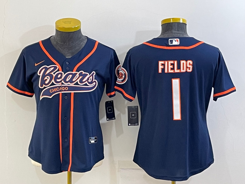 Youth Chicago Bears #1 Justin Fields Navy With Patch Cool Base Stitched Baseball Jersey